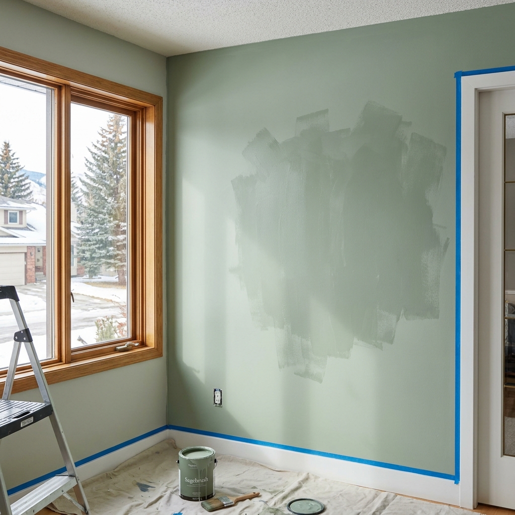 A freshly painted Calgary living room wall in soft sage green, clean brush strokes visible, painter’s tape on trim, natural light from window, mid-project atmosphere